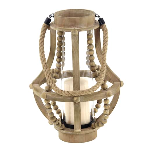 Beige Recycled Wood Farmhouse LED Lantern, 16&#x22; x 10&#x22; x 10&#x22;